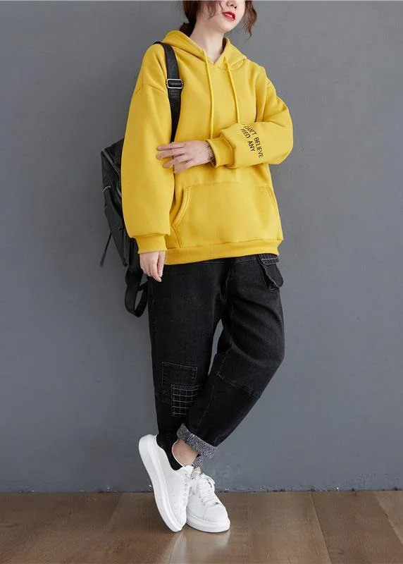 Celebrity Picks Denim Design Handmade yellow Letter top hooded drawstring shirts