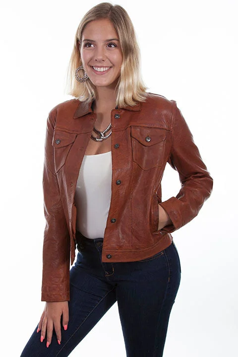 Cute Design Spiritual Vitality Scully Women's Leather Jean Jacket in Brown