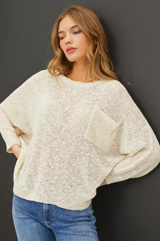 Printing decoration Ivory Front Pocket Dolman Long Sleeve Knit Sweater