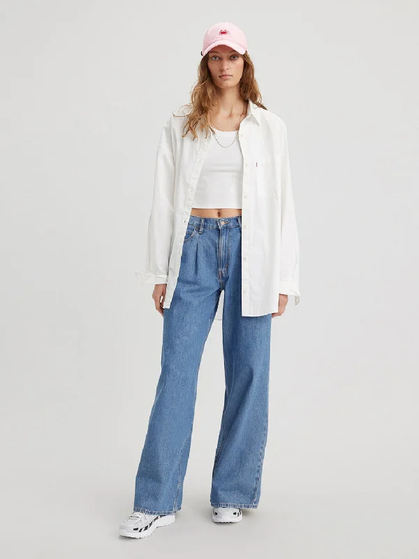 Exquisite Embroidery Sports Fashion Women's High Rise Baggy Wide Leg Blue Jeans