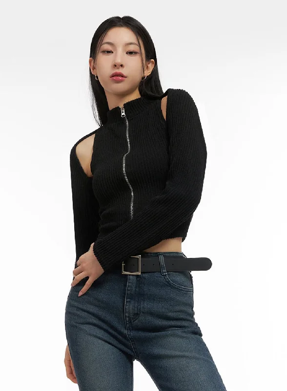 Celebrity Picks Denim Design Cropped Zip-Up Bolero Cardigan Set ID431