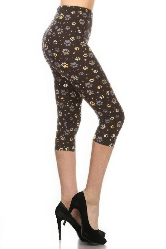 Beautiful Romance Paw Print, High Rise, Fitted Capri Leggings, With An Elastic Waistband