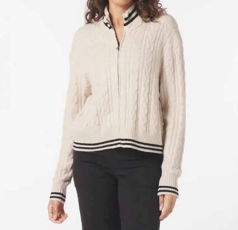 Retro Design Sweet Style Leisure Cable Knit Zip Up Sweater In Oatmilk/black