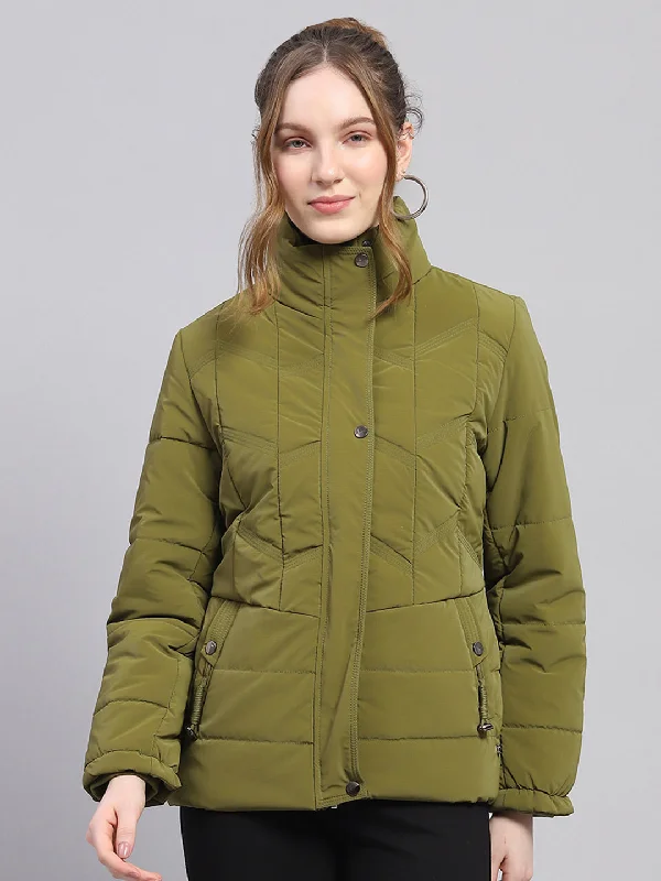 Street Casual Style Women Green Solid High Neck Full Sleeve Jacket