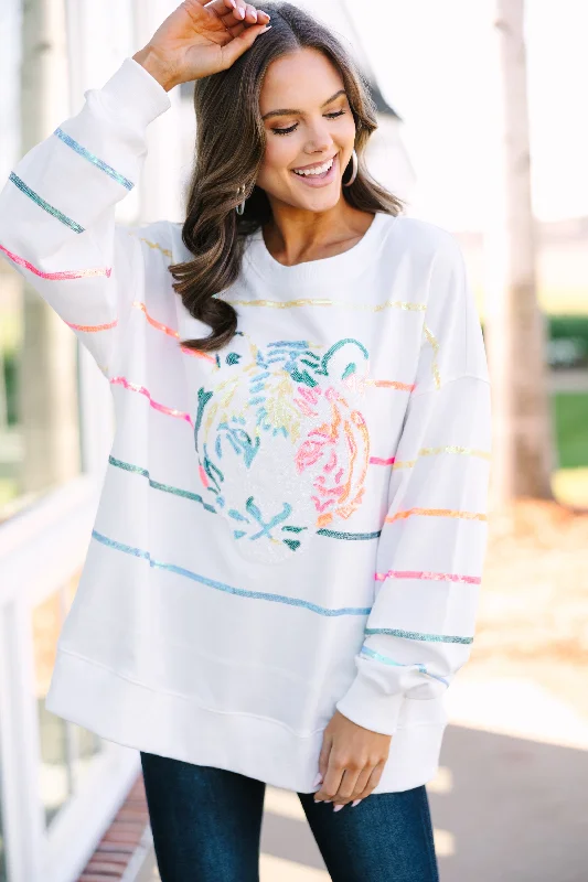 Versatile Items Personalized Design Who You Want To Be White Sequin Tiger Pullover