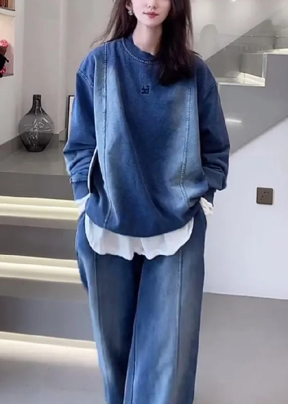 Lazy Home Diamond Series Boho Blue Oversized Patchwork Denim Two Pieces Set Spring Lazy Home Diamond Series Boho Blue Oversized Patchwork Denim Two Pieces Set Spring