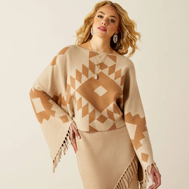 Boutique Recommendation Playful Style Ariat Women’s Sunset Chic Sweater Poncho in Southwest Oatmeal & Tannin