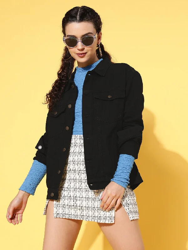 Personalized Wear French Retro Women Black Solid Denim Jacket
