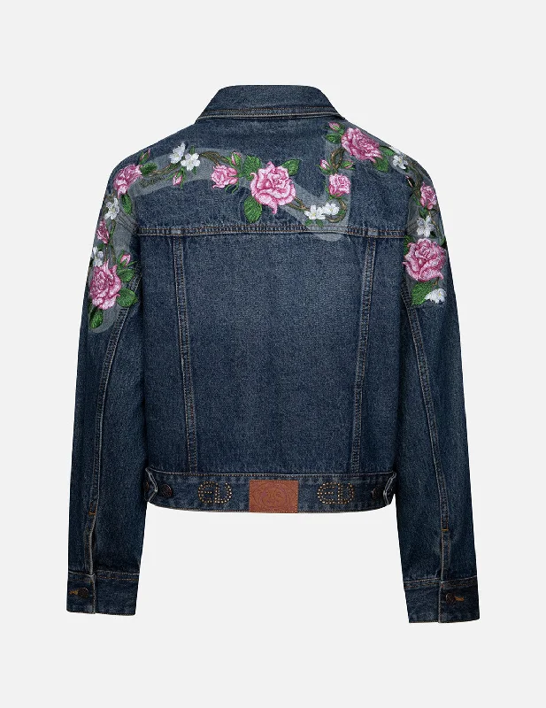 Classic Retro Luxury Style Roses Daicock with Studs Logo Loose Fit Denim Jacket