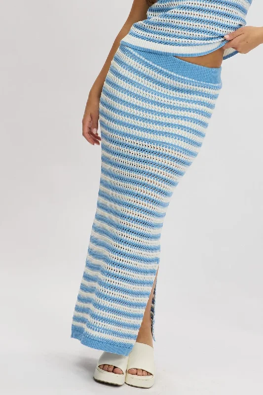 Advanced Customization Fashionable Items Blue Stripe Crochet Knit Skirt Elastic Waist Midi Lined Advanced Customization Fashionable Items Blue Stripe Crochet Knit Skirt Elastic Waist Midi Lined