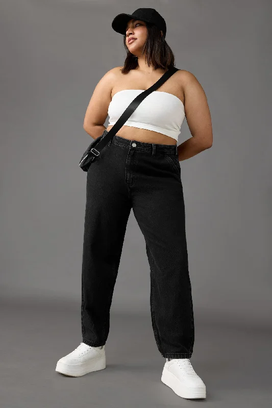 Floral Prints Simple Style Curve Soft Slouchy Fit Black Jeans