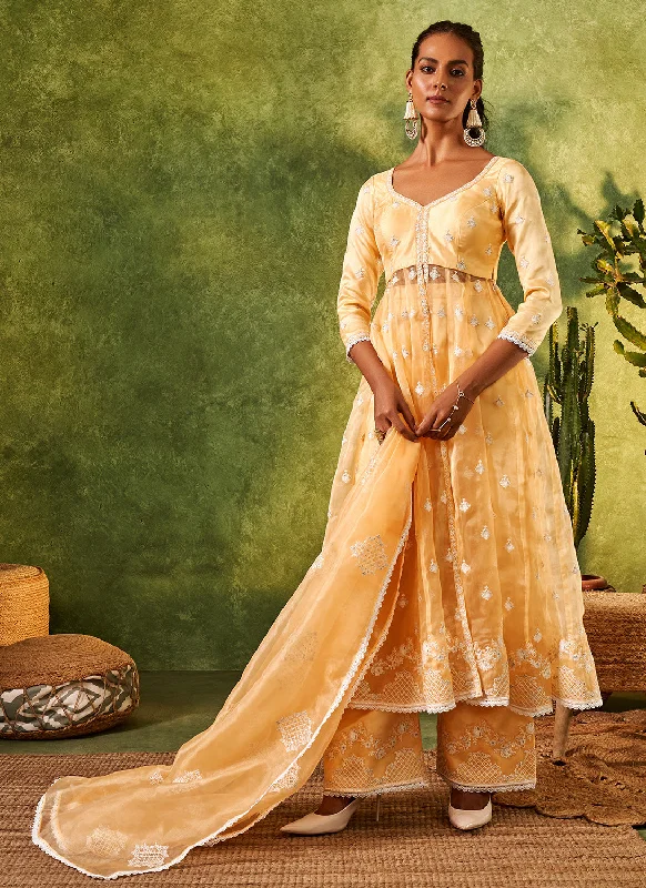 Comfortable And Cold-proof Avant-garde Design Yellow Embroidered Organza Anarkali