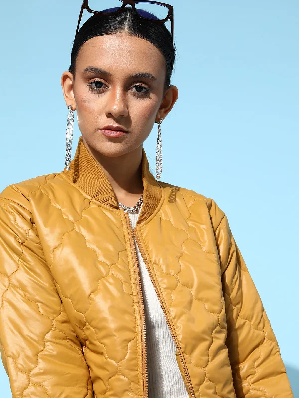 Multifunctional Style Slim Fit Women Mustard Front Pockets Puffer Bomber Jacket