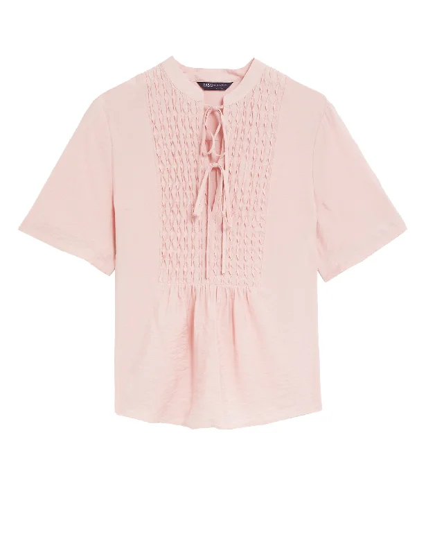 Lively And Youthful British Style V-Neck Smocked Popover Blouse