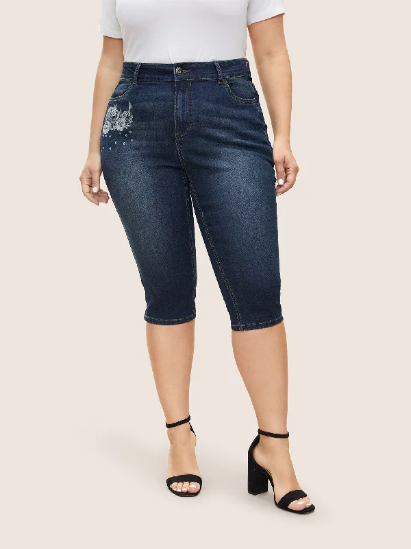 Editorial Design Classic Floral Embroidered Skinny Below The Knees Jeans
