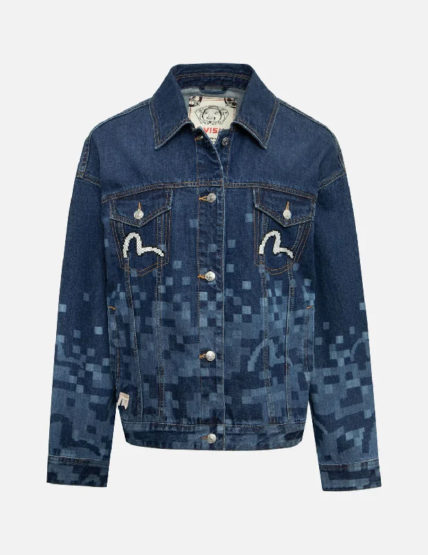 Feminine Charm Youthful Street Fashion Pixel Seagull Embroidery and Print Oversized Denim Jacket Feminine Charm Youthful Street Fashion Pixel Seagull Embroidery and Print Oversized Denim Jacket