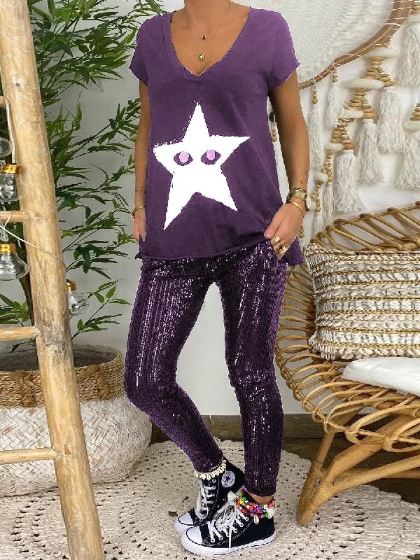 Free and comfortable Fashion Casual Loose Star Top Sequin Pants Set