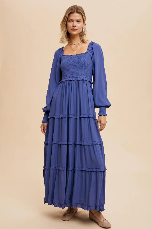 Classic Style Periwinkle Smocked Long Sleeve Ruffle Tiered Maxi Dress