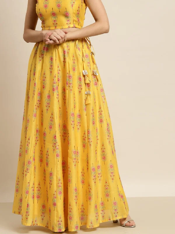 Elegant And Charming Fashionable Items Women Yellow Floral Aanrkali Skirt