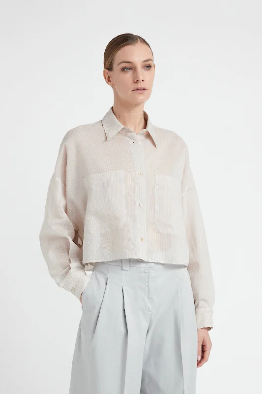 Fashionable Prints College Style Striped cotton and silk organza shirt