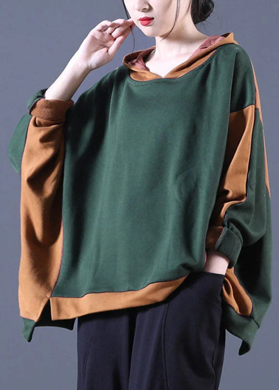 Retro Fashion Urban Sense Hot Tea Green Hooded Patchwork Loose Fall Sweatshirts Top