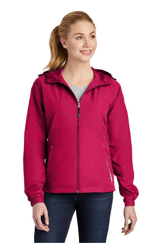 British Style Sports Design Sport-Tek Womens Water Resistant Full Zip Hooded Jacket - Raspberry Pink/White - Closeout