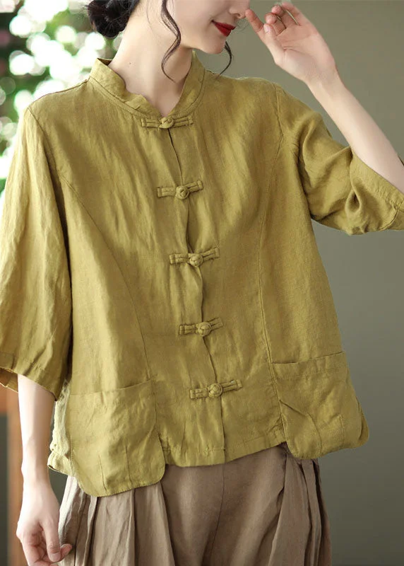 Sports Functional Style Natural Green Mandarin Collar Linen Blouses Bracelet Sleeve