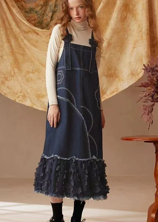 Exclusive Customization Retro Fashion Original Design Blue Floral Patchwork Denim Strap Dress Spring Exclusive Customization Retro Fashion Original Design Blue Floral Patchwork Denim Strap Dress Spring