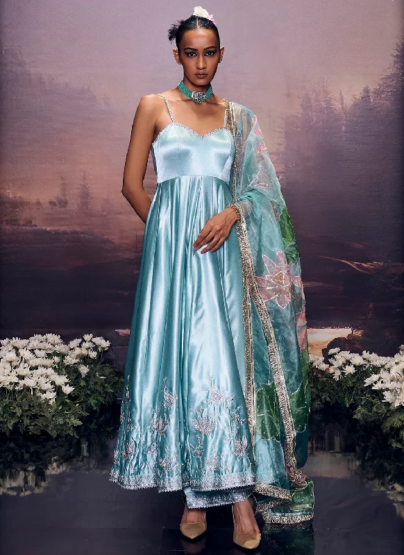 Personalized Outfit Slightly Flared Design Turquoise Embroidered Satin Anarkali