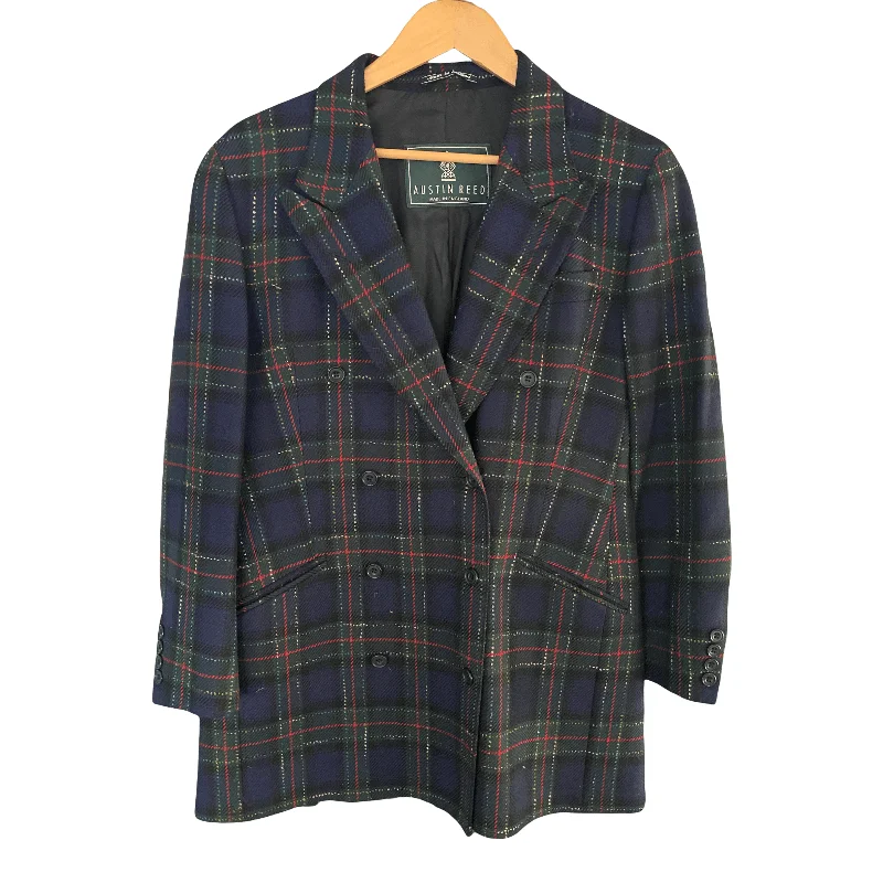 Feminine Charm Youthful Street Fashion Austin Reed Blue and Green Tartan Double Breasted Jacket UK Size 12
