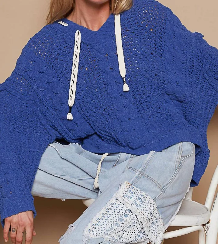 Sports Fashion Bottom And Versatile Cable Knit Hoodie Chenille Top In Ultramarine
