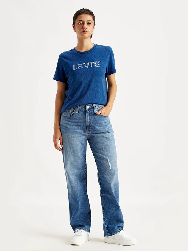 Fresh And Capable Lazy Home Women's Mid Rise 94 Baggy Wide Leg Blue Jeans
