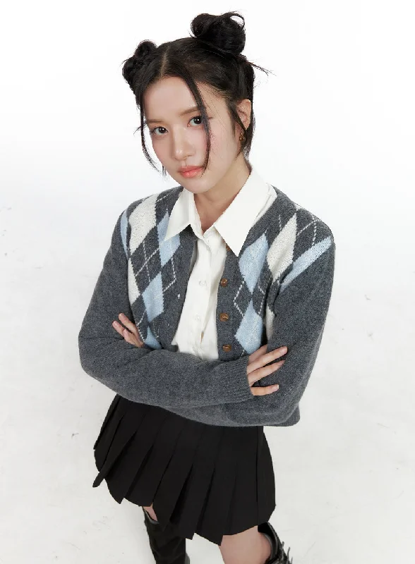 Retro Design New Season Series Long Sleeve Argyle Cardigan ON404