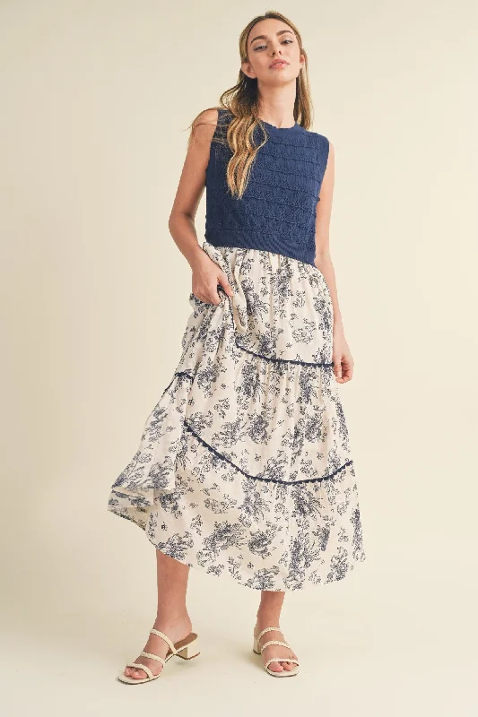 Fashionable Prints Luxury Style Navy Mixed Media Midi Dress