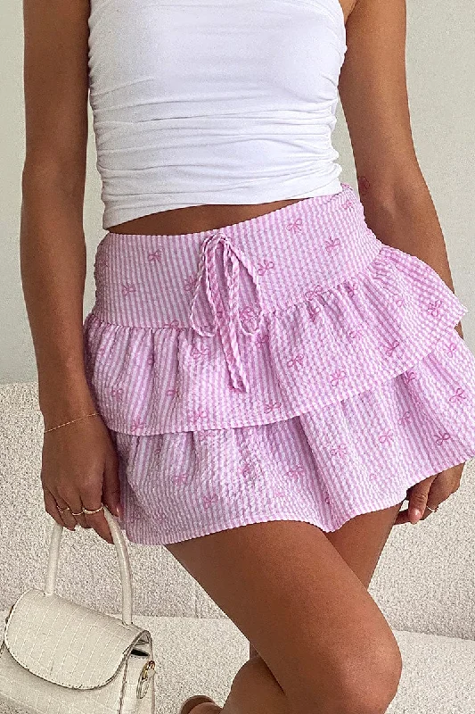 Elegant Design Simple Solid Color Pink Stripe Ruffle Mini Skirt High Rise Shirred Back Tiered Elegant Design Simple Solid Color Pink Stripe Ruffle Mini Skirt High Rise Shirred Back Tiered