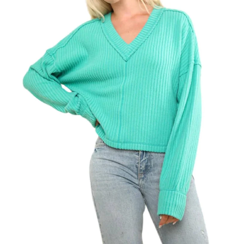 Unique Prints High-end Fabrics Vneck Raw Hem Cozy Sweater In Green