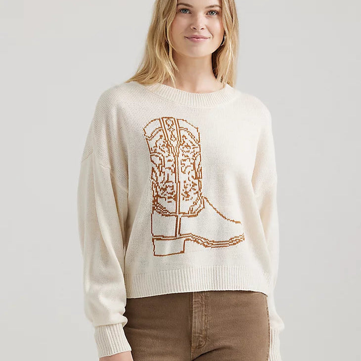 Fashionable And Versatile Urban Style Wrangler Retro Women's Cowgirl Boot Pullover Sweater in White