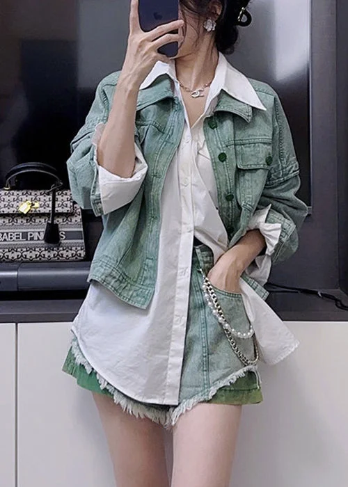 Fashionable Items Classic Series New Green Peter Pan Collar Button Denim Two Pieces Set Long Sleeve Fashionable Items Classic Series New Green Peter Pan Collar Button Denim Two Pieces Set Long Sleeve