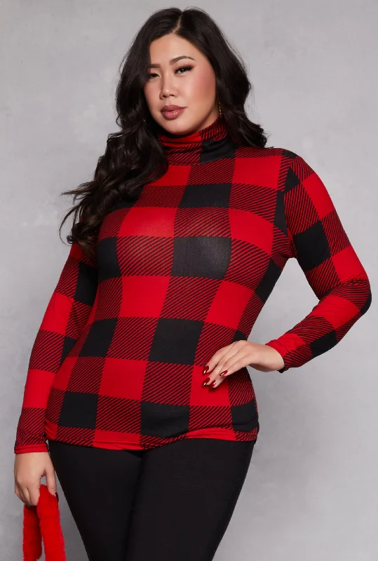 Street Letter Style Plus Size Buffalo Plaid Mock Neck Top