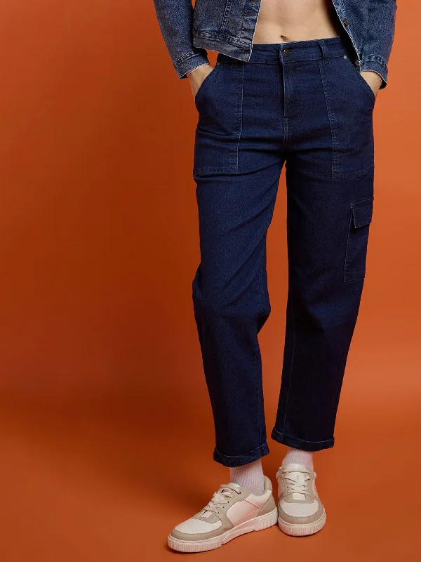 Minimal Style High-quality Fabrics Women Blue Blast Multi Pockets Balloon Fit Jeans