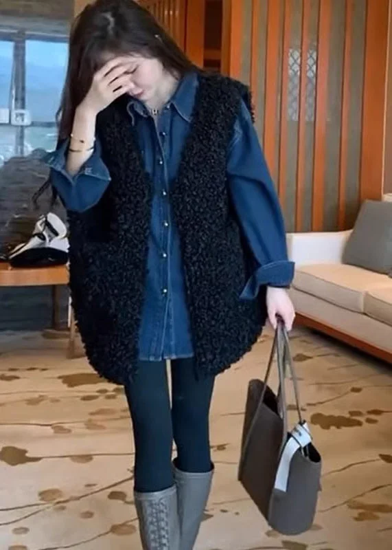 Fashion Selection Versatile Items Chic Black Oversized Faux Fur Vests And Denim Shirts Two Pieces Set Winter