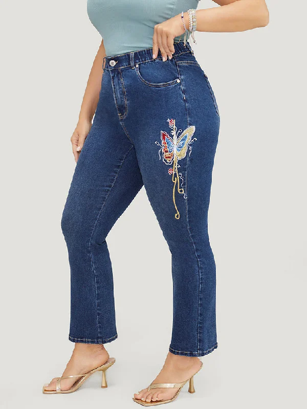 Elegant And Charming Fashion Style Butterfly Embroidered Moderately Stretchy High Rise Dark Wash Bootcut Jeans