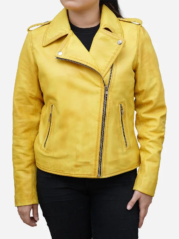 Printed Patterns French Style Women's Yellow Real Leather Biker Jacket