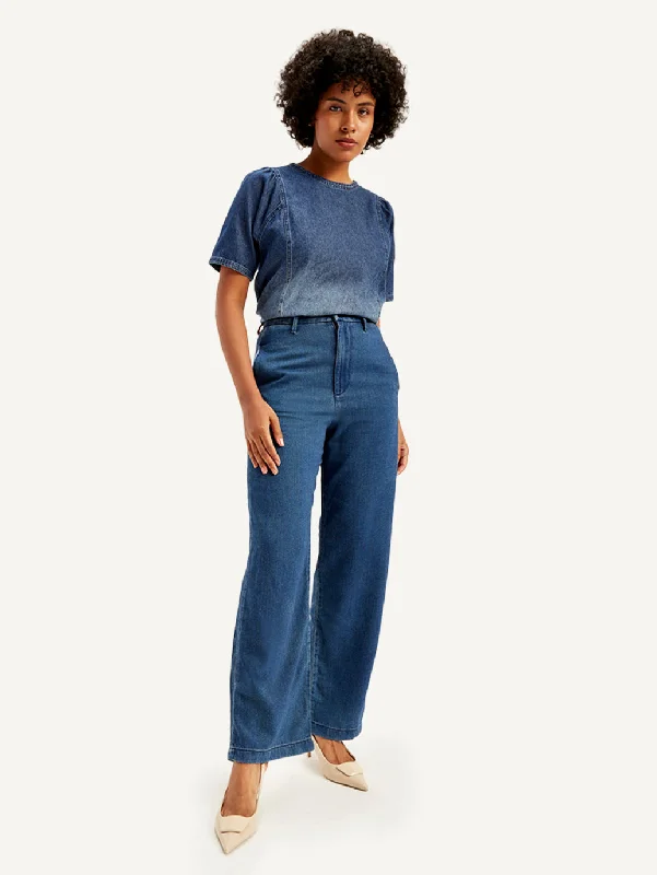 Classic Color Comfortable Design Women's High Rise Loose Fit Blue Jeans