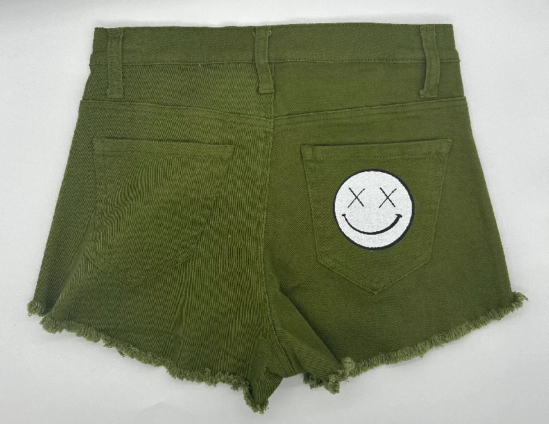 Bright Colors Celebrity Must-have Salty Savage Ladies High Rise “OG Smile” Distressed Stretch Jean Shorts | Olive