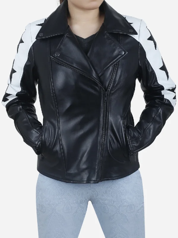 Fashion Must-have High-end Fabrics Maura Women's Black Motorcycle Leather Jacket with Star Patches