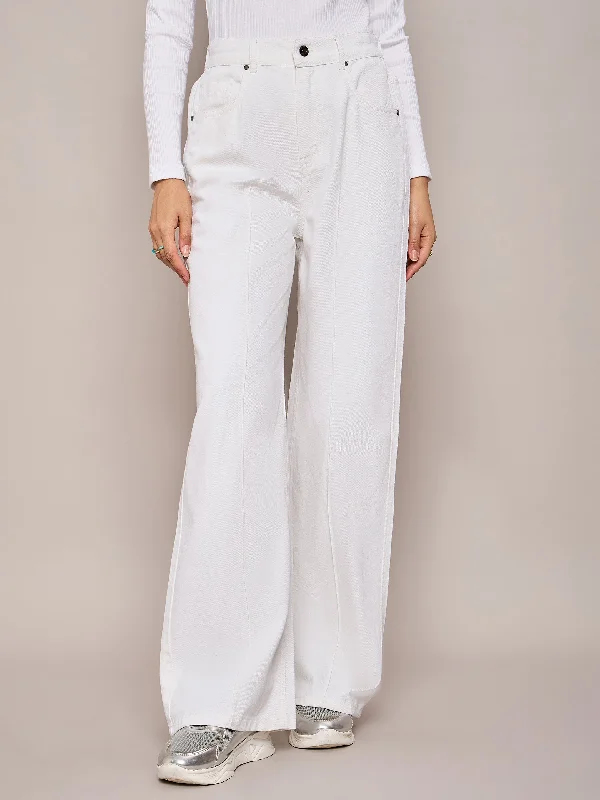 High Street Style Autumn Selection Women White High Waist Front Dart Straight Jeans