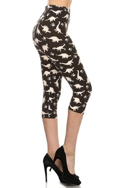 Hooded design Dinosaur Printed High Waisted Capri Leggings With An Elastic Waist