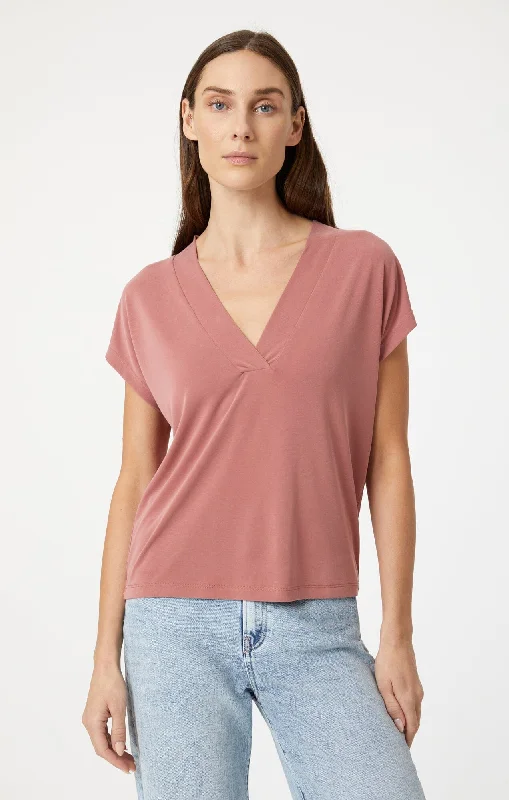 Tropical Style Exquisite Embroidery V-NECK SHIRT IN CANYON ROSE