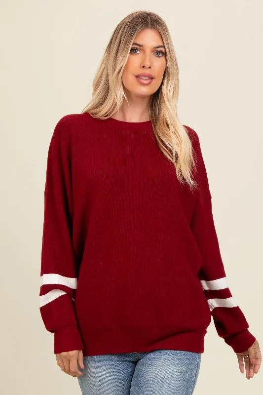 Urban Style Stunning Fashion Burgundy Striped Sleeve Relaxed Fit Sweater